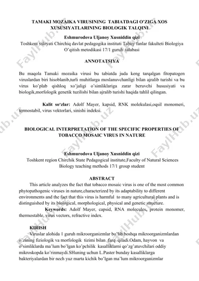 tamaki mozaika virusining tabiatdagi o’ziga xos xususiyatlarining biologik talqini — DOCX