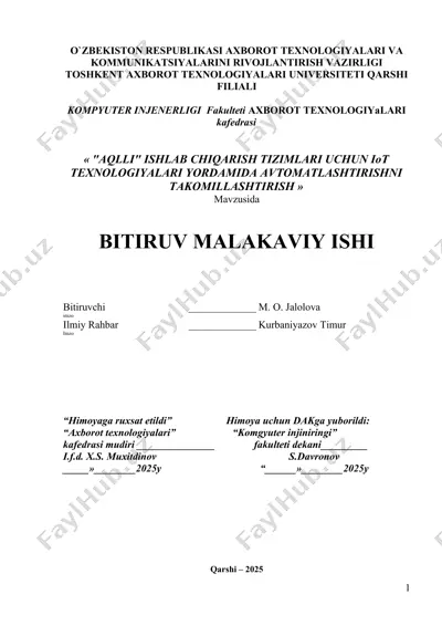 "aqlli" ishlab chiqarish tizimlari uchun iot texnologiyalari yordamida avtomatlashtirishni takomillashtirish — DOCX