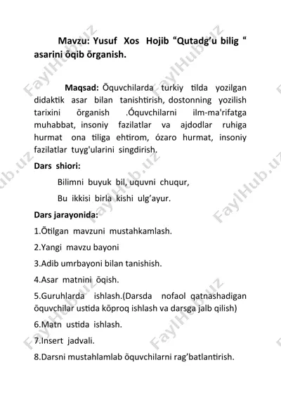 yusuf xos hojib "qutadg'u bilig" asarini õqib õrganish — DOCX