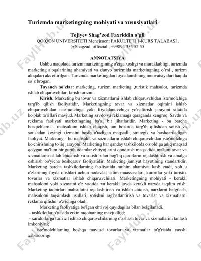 turizmda marketingning mohiyati va xususiyatlari — DOCX