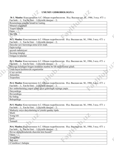 umumiy gidrobiologiya — DOCX