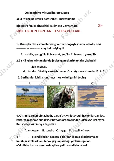 biologiya fanidan test savollari — DOCX