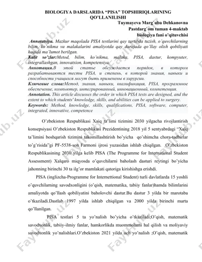 biologiya darslarida “pisa” topshiriqlarining qo’llanilishi — DOCX