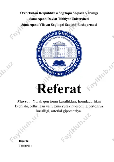 yurak qon tomir kasalliklari va homiladorlik kechishi referati — DOCX