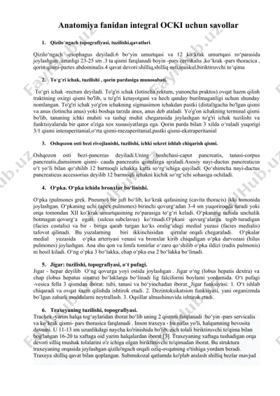 anatomiya fanidan integral ocki uchun savollar — DOCX