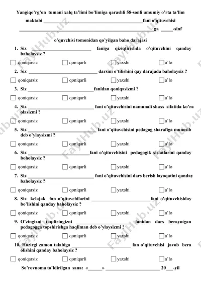 umumiy o’rta ta’lim maktabi o’quvchilari tomonidan o’qituvchilarning baholash metodi — DOCX