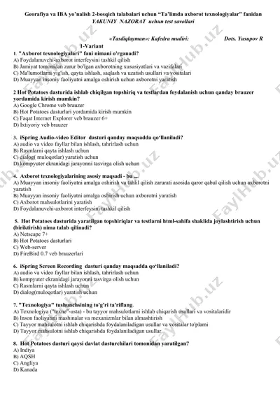 geografiya va iba yo’nalish 2-bosqich talabalari uchun “ta’limda axborot texnologiyalar” fanidan yakuniy nazorat uchun test savollari — DOCX