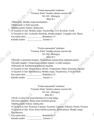 "fizika-matematika" kafedrasi "umumiy fizika" fanidan yakuniy nazorat ishi - bilet № 2 — DOCX
