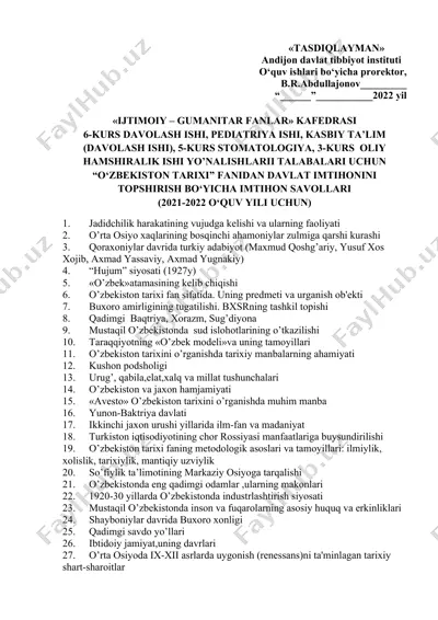davlat imtihonini topshirish bo‘yicha imtihon savollari — DOCX