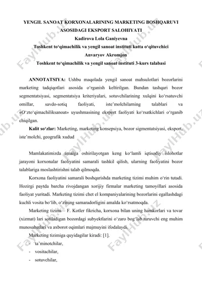 yengil sanoat korxonalarining marketing boshqaruvi asosidagi eksport salohiyati — DOCX