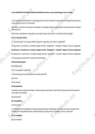 9-sinf konstitutsiyaviy huquq asoslari fanidan mavzulashtirilgan test savollari — PDF