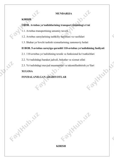 avtobus yo‘nalishlarining transport tizimidagi o‘rni — DOCX