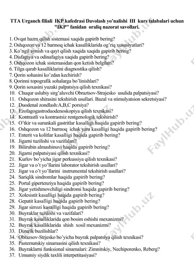 davolash yo’nalishida "ikp" fanidan oraliq nazorat savollari — DOCX