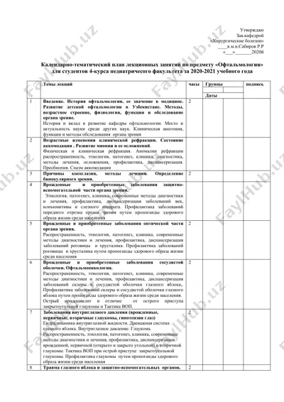 kalendarino-tematicheskiy plan lektsionnykh zanyatiy po predmetu «oftal'mologiya» — DOCX