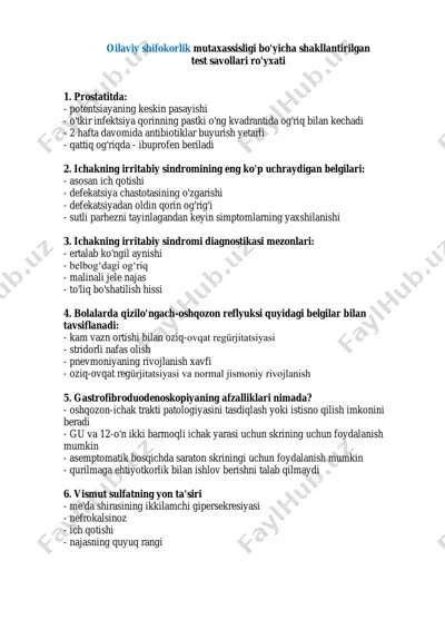 oilaviy shifokorlik mutaxassisligi bo'yicha shakllantirilgan test savollari ro'yxati — PDF