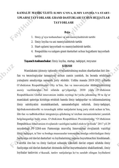 "ilmiy g'oya, ilmiy loyiha va start-uplarni tayyorlash. grand dasturlari uchun hujjatlar tayyorlash" — PDF