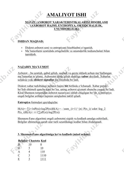 axorot xarakteristikalarini hisoblash — DOCX