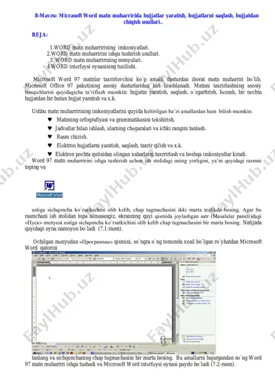 microsoft word matn muharririda hujjatlar yaratish, hujjatlarni saqlash, hujjatdan chiqish usullari — PDF
