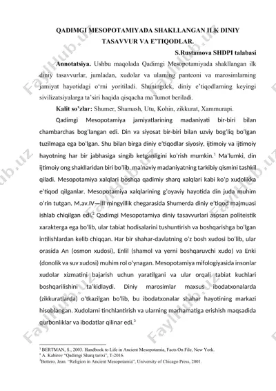 qadimgi mesopotamiyada shakllangan ilk diniy tasavvur va e’itiqodlar — DOCX