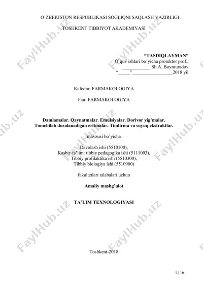damlamalar, qaynatmalar, emulsiyalar, dorivor yig’malar, tomchilab dozalanadigan eritmalar, tindirma va suyuq ekstraktlar — DOCX