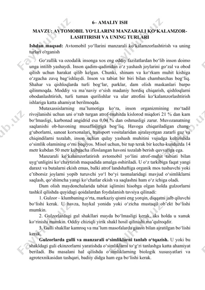 avtomobil yo‘llarini manzarali ko‘kalamzorlashtirish va uning turlari — DOCX