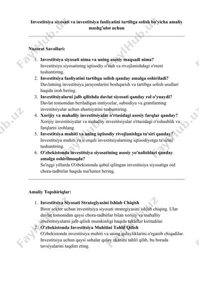 investitsiya siyosati va investitsiya faoliyatini tartibga solish bo'yicha amaliy mashg'ulot uchun — DOCX