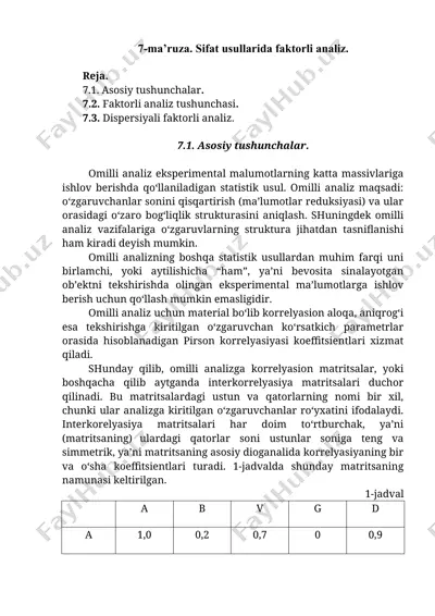 ma’ruza. sifat usullarida faktorli analiz — DOCX