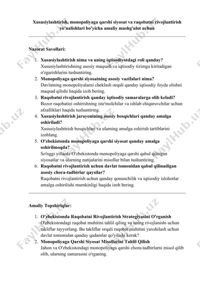 xususiylashtirish, monopoliyaga qarshi siyosat va raqobatni rivojlantirish yo'nalishlari bo'yicha amaliy mashg'ulot uchun — DOCX