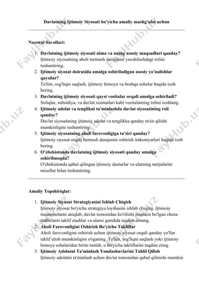 davlatning ijtimoiy siyosati bo'yicha amaliy mashg'ulot uchun — DOCX