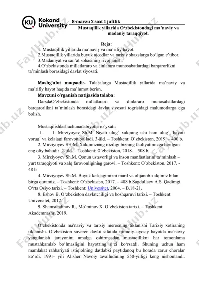 mustaqillik yillarida o‘zbekistondagi ma’naviy va madaniy taraqqiyot — DOCX