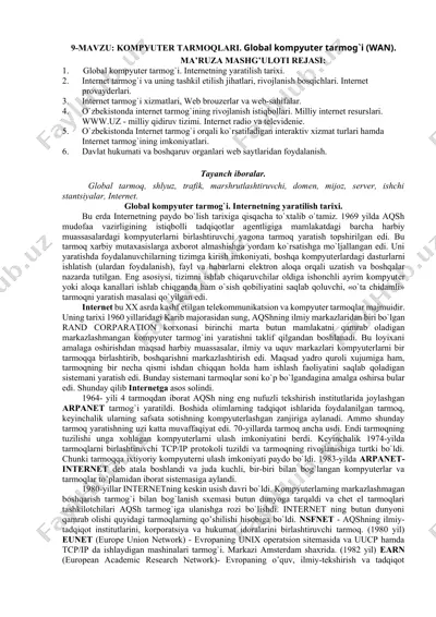 kompyuter tarmoqlari va global kompyuter tarmoqi (wan) — DOCX