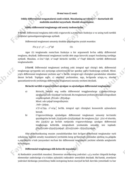 oddiy differentsial tengamalarni sonli echish — DOCX
