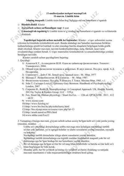 limbik tizimning o'quv materialini tizimlashtirish metodikasi — DOCX
