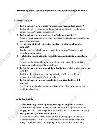 davlatning tashqi iqtisodiy siyosati bo‘yicha amaliy mashg'ulot uchun — DOCX