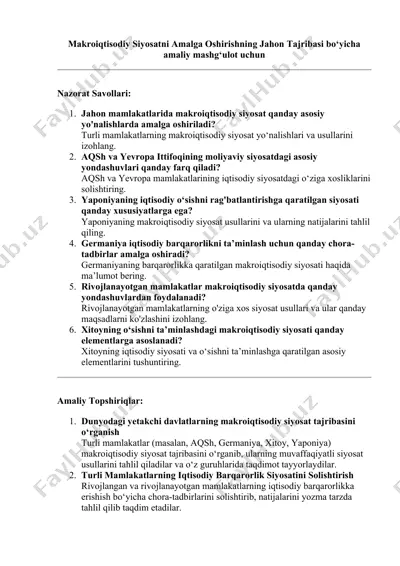 makroiqtisodiy siyosatni amalga oshirishning jahon tajribasi bo‘yicha amaliy mashg‘ulot — DOCX