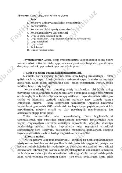 xotira, uyqu, tush ko’rish va gipnoz — DOCX