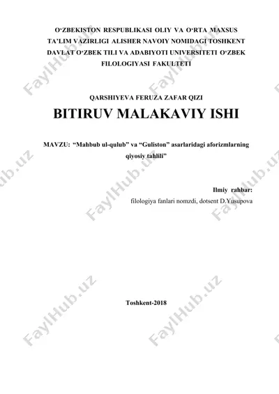 "mahbub ul-qulub" va "guliston" asarlaridagi aforizmlarning qiyosiy tahlili — DOCX