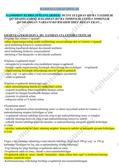 gigiena va ekologiya. hg fanidan 1 ta javobli testlar — DOCX