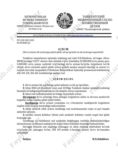 da’vo arizasi ish yurituviga qabul qilish, ish qo’zg’atish va ish yurituvga tayyorlash — DOCX