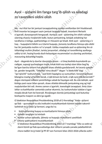 ayol – qizlarni ilm fanga targ’ib qilish va oiladagi zo’ravonlikni oldini olish — DOCX