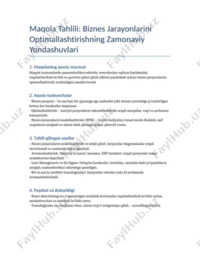 biznes jarayonlarini optimallashtirishning zamonaviy yondashuvlari — DOCX