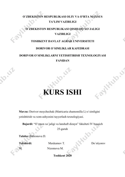 dorivor moychechak (matricaria chamomilla l) o`simligini yetishtirish va xom-ashyosini tayyorlash texnologiyasi — DOCX