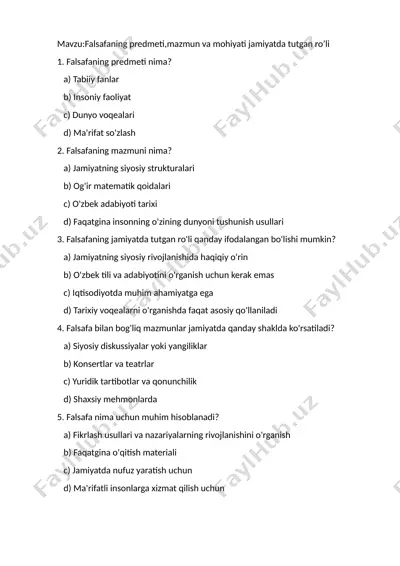 falsafaning predmeti, mazmuni va mohiyati jamiyatda tutgan ro’li — DOCX