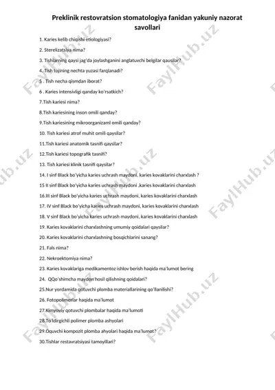 preklinik restovratsion stomatologiya fanidan yakuniy nazorat savollari — DOCX