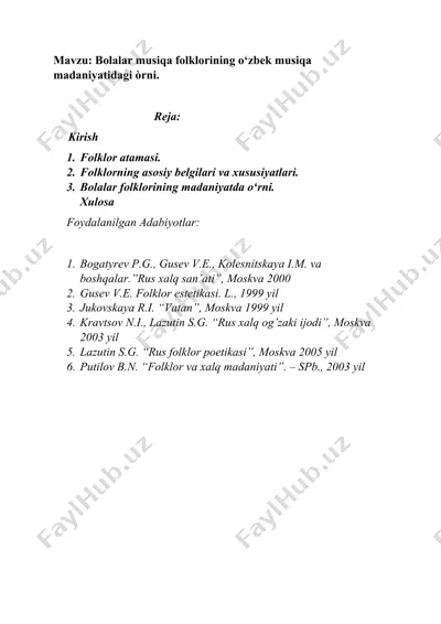 bolalar musiqa folklorining o‘zbek musiqa madaniyatidagi òrni — DOCX