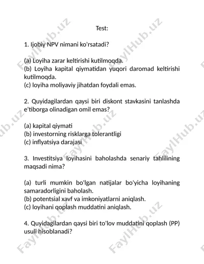 investitsiya loyihasi haqida test savollari — DOCX