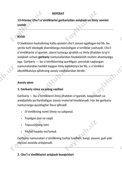 cho‘l o‘simliklarini gerbariydan aniqlash va ilmiy nomini yozish — DOCX
