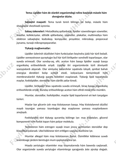lipidler hám de olardıń organizmdegi roline baylanılı másele hám shınıǵıwlar dúziw — DOCX