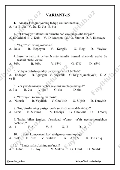 amaliy geografiya test savollari — DOCX