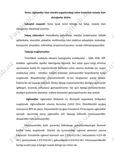 uglevodlar hám olardıń organizmdegi roline baylanıslı másele hám shınıǵıwlar dúziw — DOCX